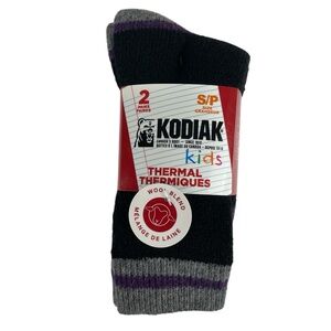Kodiak Kids Thermal Wool Blend Socks 2 Pairs Black Grey Purple Shoe Size 4-9.5